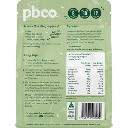 PBco- Apple Cinnamon Muffin Mix No Sugar Added-340g