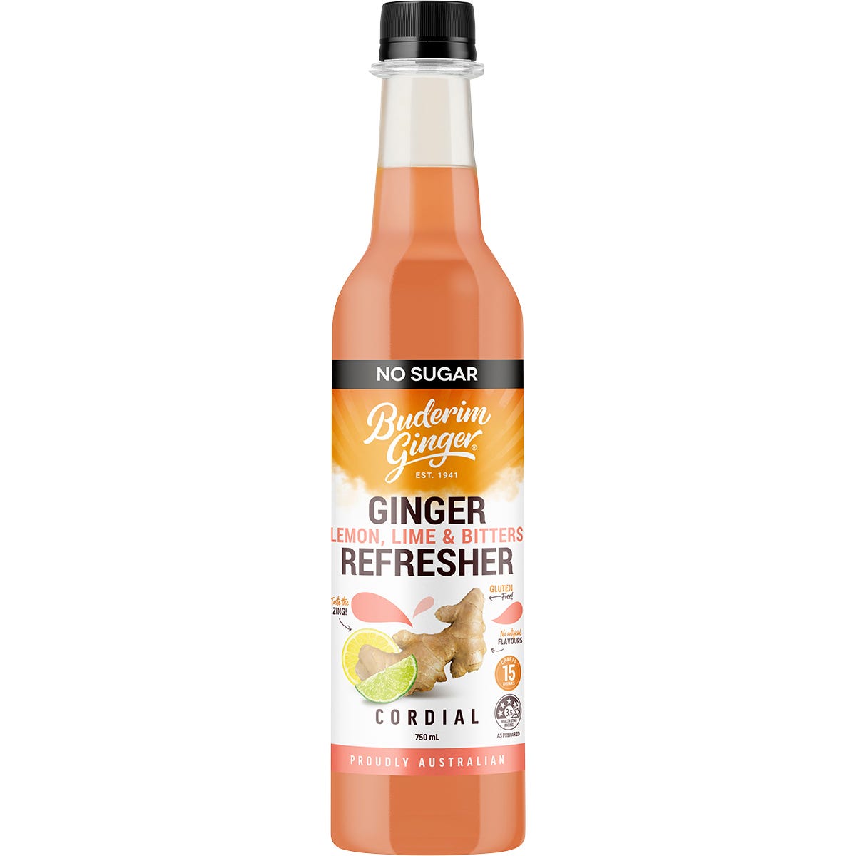 Buderim Ginger- Ginger Lemon, Lime & Bitter Refresher Cordial No Sugar-750ml