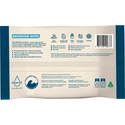 CleanLIFE- Bathroom Plastic Free Wipes Antibacterial Cleaning-25pk