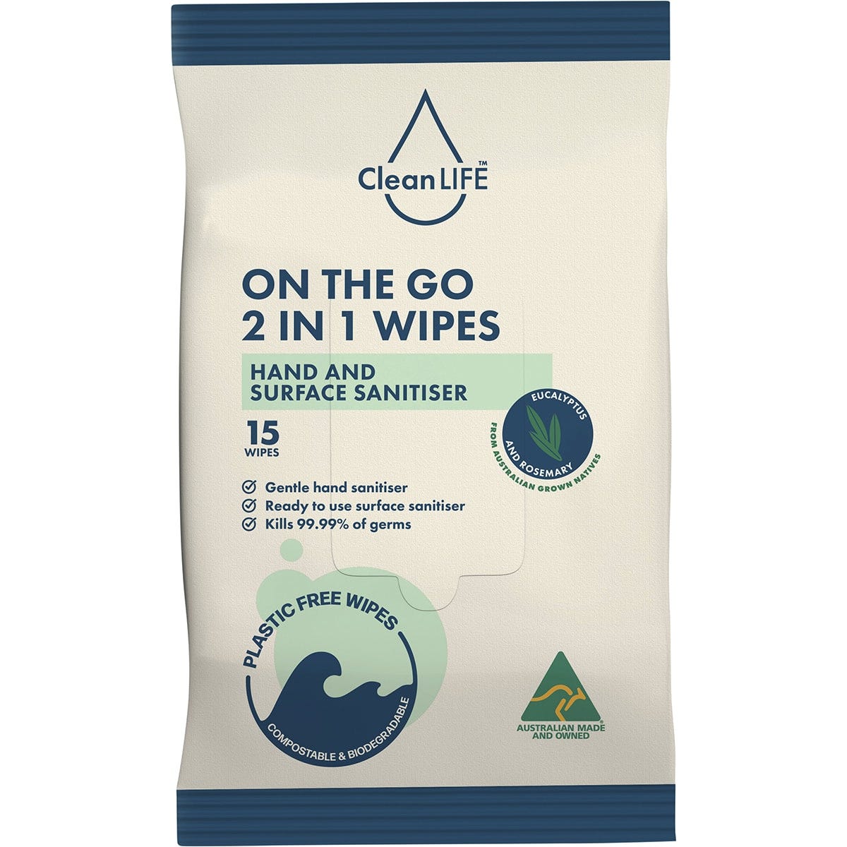CleanLIFE- 2 In 1 Plastic Free Wipes Hand and Surface Sanitiser-15pk