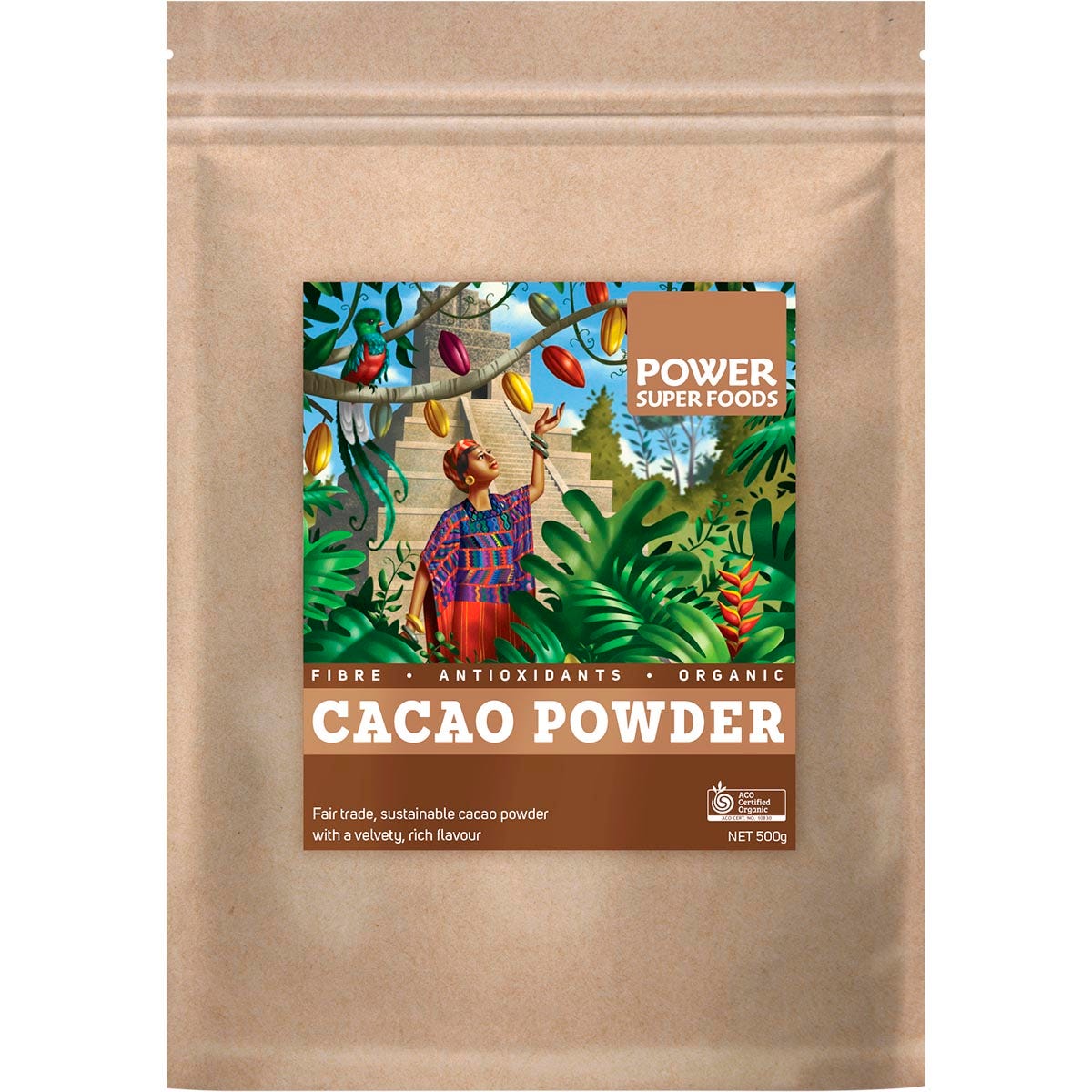 Power Super Foods- Cacao Powder Kraft Bag Certified Organic-500g