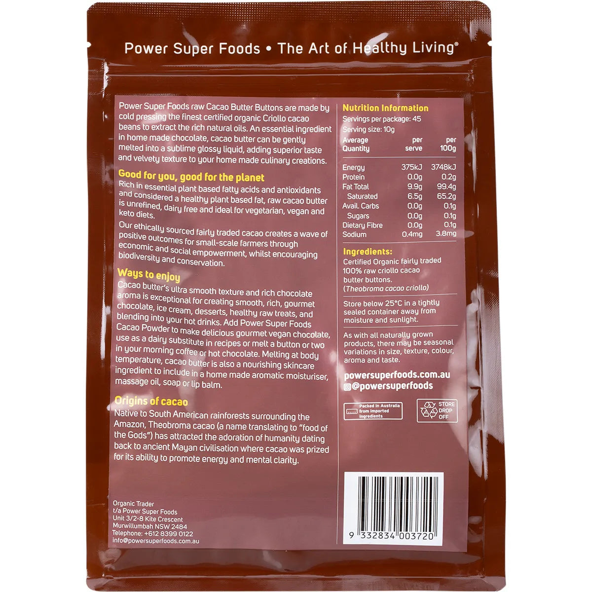 Power Super Foods- Cacao Butter Buttons Raw Certified Organic -450g
