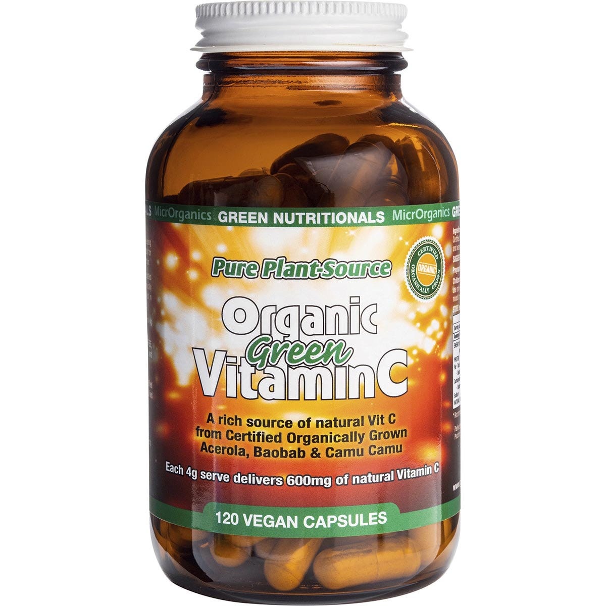 Green Nutritionals- Organic Green Vitamin C Vegan Capsules 600mg-120 Caps