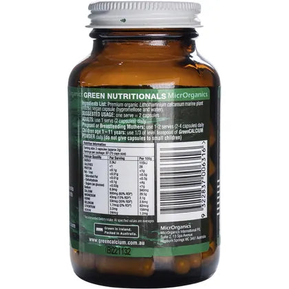 Green Nutritionals- Green Calcium Vegan Capsules 600mg-240 Caps
