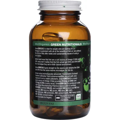 Green Nutritionals- Green Omega3 Vegan Capsules 255mgDHA + 127mgEPA-90 Caps
