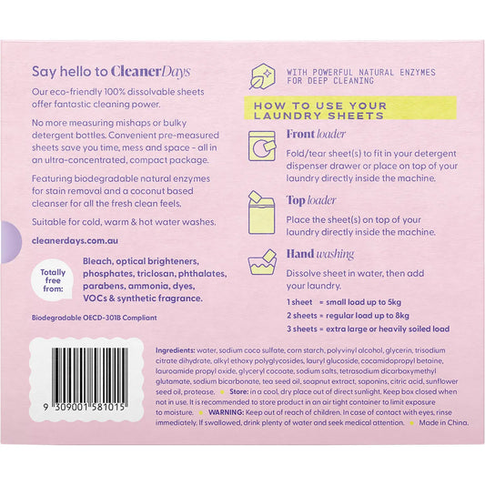 Cleaner Days- Laundry Detergent Sheets Fragrance Free-60pcs