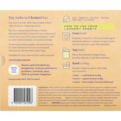 Cleaner Days- Laundry Detergent Sheets Lemon + Eucalyptus-60pcs