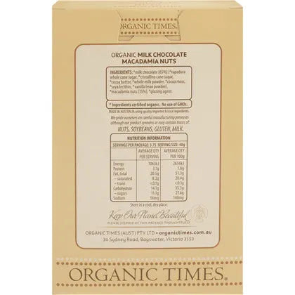 Organic Times- Milk Chocolate Macadamia Nuts-150g