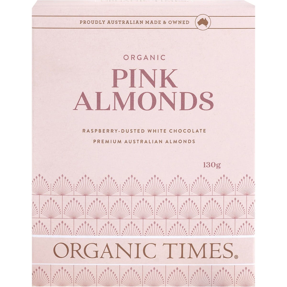 Organic Times- Pink Raspberry Dusted White Choc Almonds-130g
