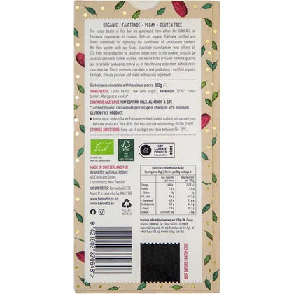 Bennetto- Organic Dark Chocolate Toasted Hazelnut-12x80g