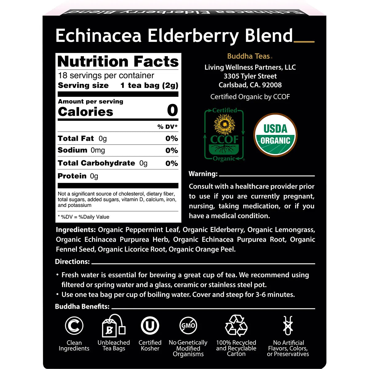Buddha Teas- Organic Herbal Tea Bags Echinacea Elderberry Blend-18pk