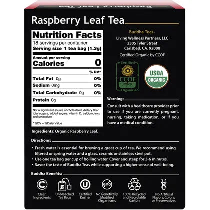 Buddha Teas- Organic Herbal Tea Bags Raspberry Leaf Tea-18pk
