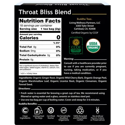 Buddha Teas- Organic Herbal Tea Bags Throat Bliss Blend-18pk