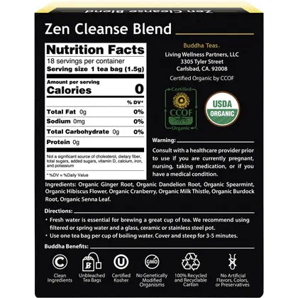 Buddha Teas- Organic Herbal Tea Bags Zen Cleanse Blend-18pk