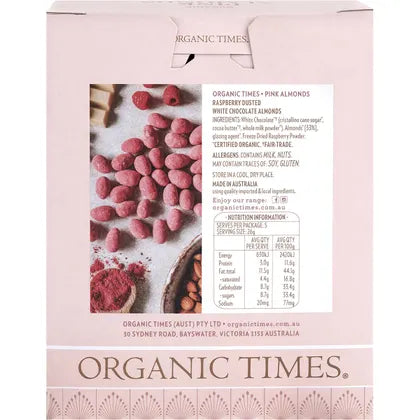Organic Times- Pink Raspberry Dusted White Choc Almonds-130g