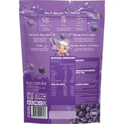 MACRO MIKE- Plant Based Pre Workout Juicy Grape Fizz-300g