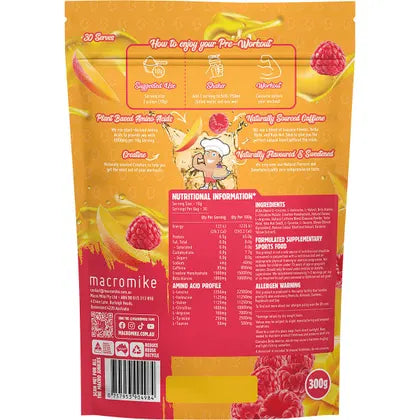 MACRO MIKE- Plant Based Pre Workout Raspberry Mango Tango-300g