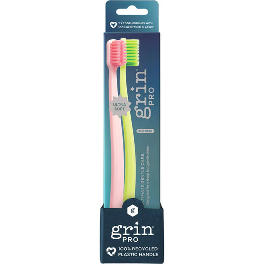 Grin- Pro Ultimate Gentle Toothbrush Ultra Soft Pink, Green-8x2pk