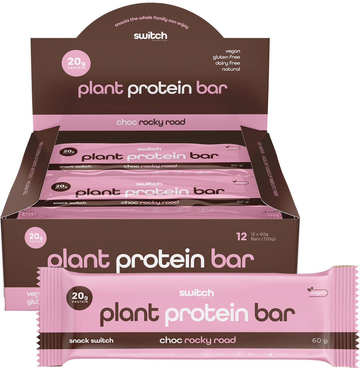 Switch Nutrition- Plant Protein Bar Choc Rocky Road-12x60g