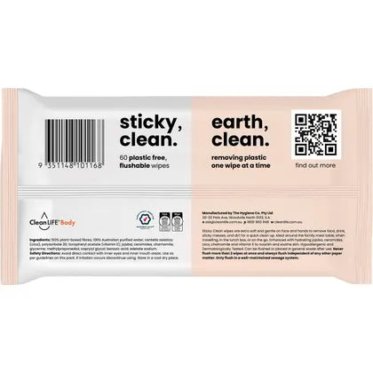 CleanLIFE- Sticky Clean Flushable Plastic Free Wipes-60pk