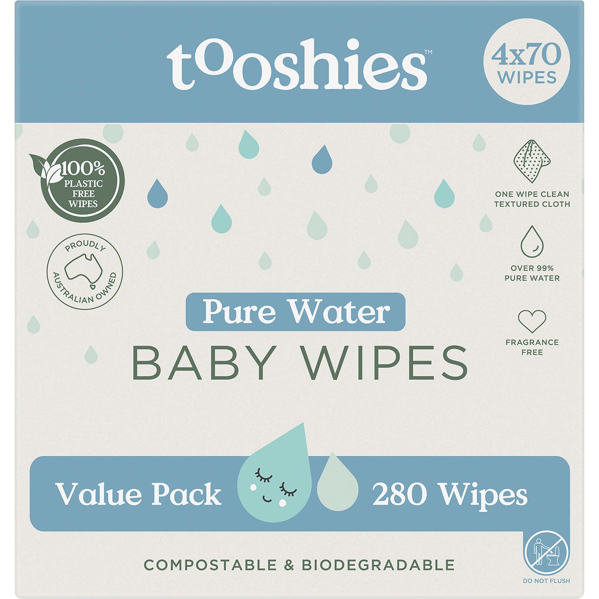 Tooshies- Pure Water Baby Wipes Value Pack-4x70pk