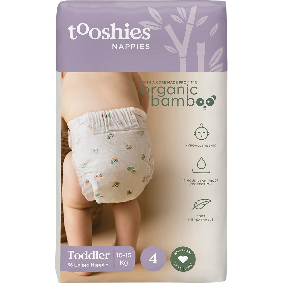 Tooshies- 74% Organic Bamboo Nappies Size 4 Toddler 10-15kg-2x36pk