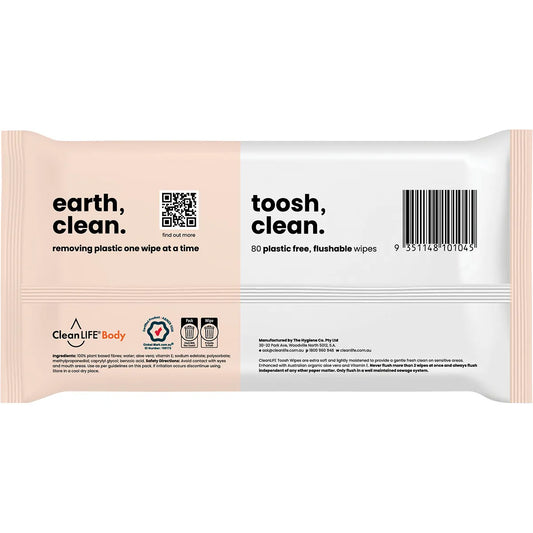 CleanLIFE- Toosh Clean Flushable Plastic Free Wipes-80pk