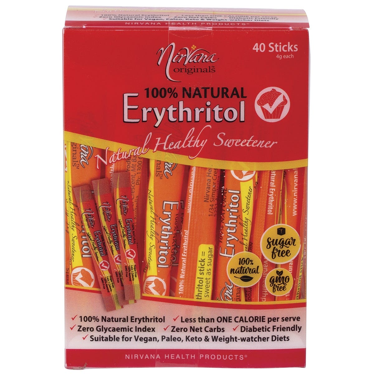 Nirvana Originals- Erythritol 100% Natural Sticks-40x4g