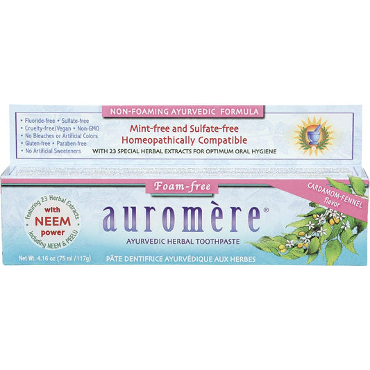 Auromere- Toothpaste Ayurvedic Cardamom Fennel Fluoride Free-6x117g