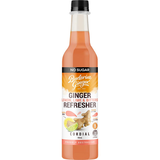 Buderim Ginger- Ginger Lemon, Lime & Bitter Refresher Cordial No Sugar-750ml