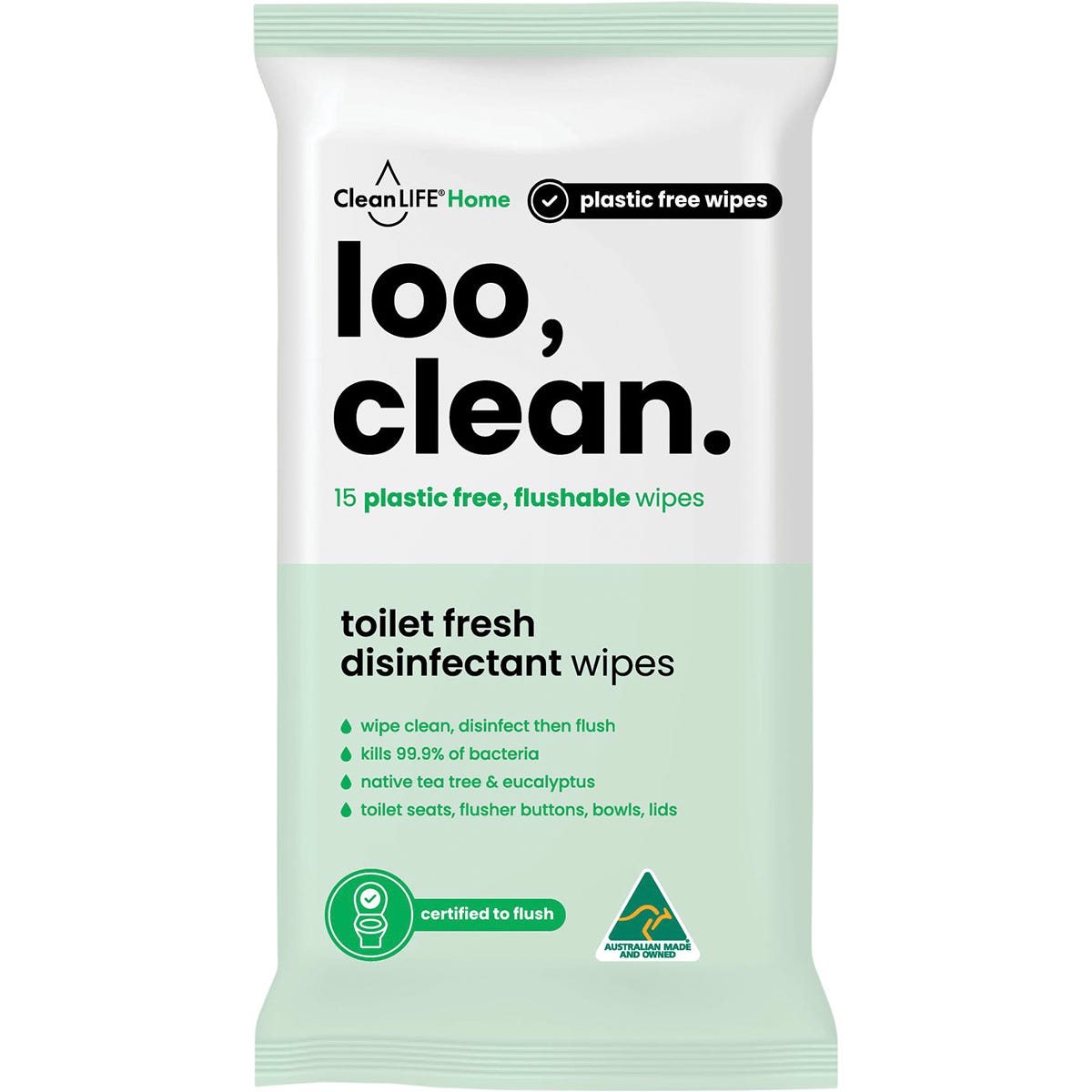 CleanLIFE- Loo Clean Flushable Plastic Free Wipes-15pk