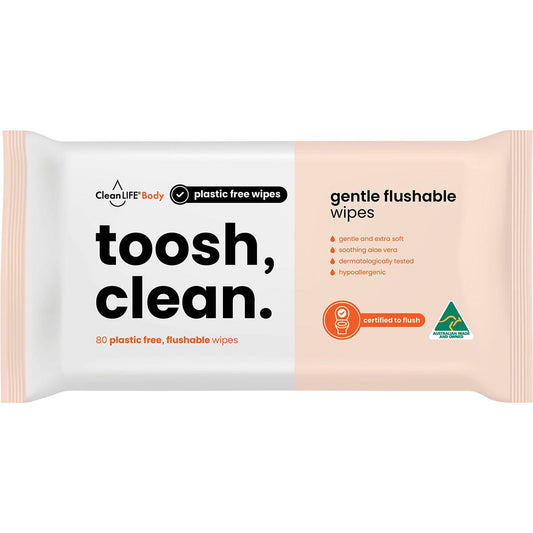 CleanLIFE- Toosh Clean Flushable Plastic Free Wipes-80pk