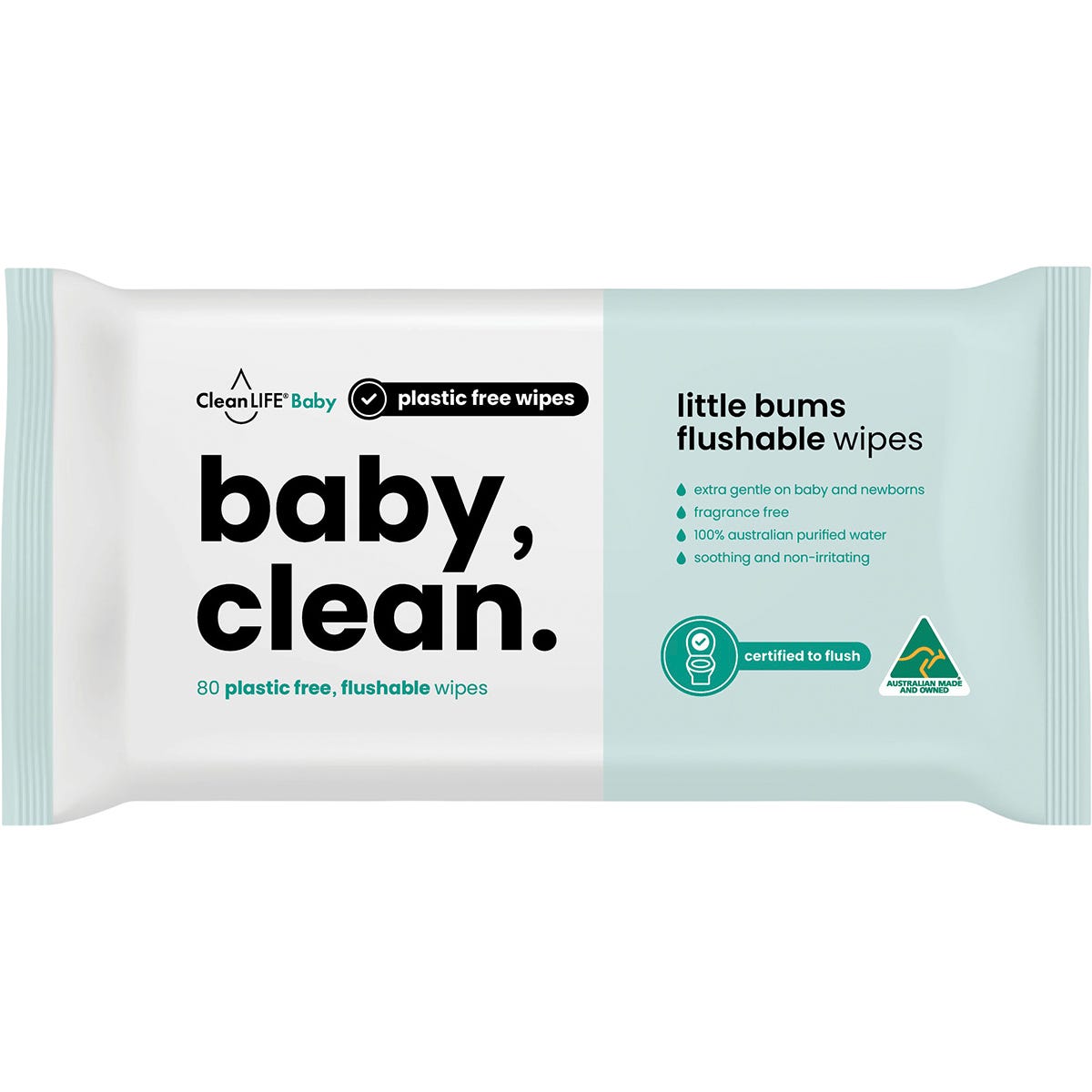 CleanLIFE- Baby Clean Flushable Plastic Free Wipes-80pk