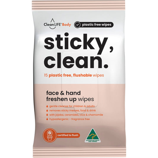 CleanLIFE- Sticky Clean Flushable Plastic Free Wipes-60pk