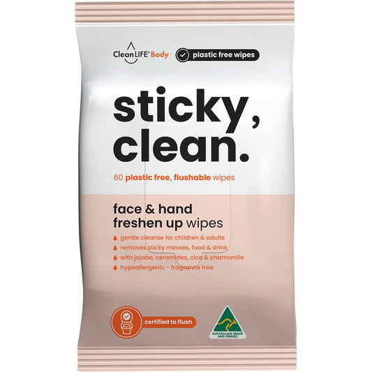 CleanLIFE- Sticky Clean Flushable Plastic Free Wipes-60pk