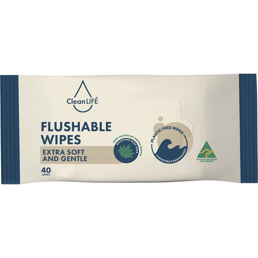 CleanLIFE- Flushable Plastic Free Wipes Extra Soft and Gentle-40pk