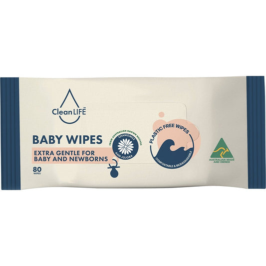 CleanLIFE- Plastic Free Wipes Extra Gentle for Baby and Newborns-80pk
