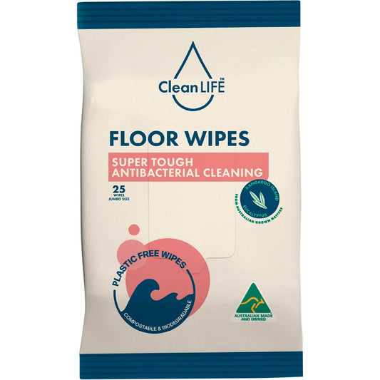 CleanLIFE- Floor Plastic Free Wipes Antibacterial Cleaning-25pk