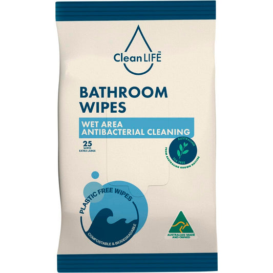 CleanLIFE- Bathroom Plastic Free Wipes Antibacterial Cleaning-25pk