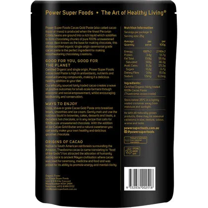 Power Super Foods- Cacao Gold Paste Chunks Ceremonial Grade Cert Organic -225g