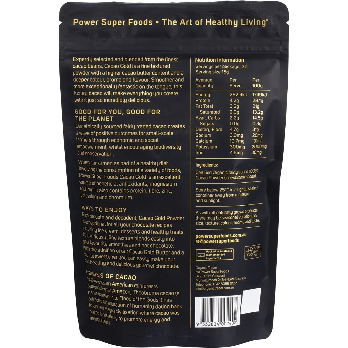 Power Super Foods- Cacao Gold Powder Certified Organic -225g