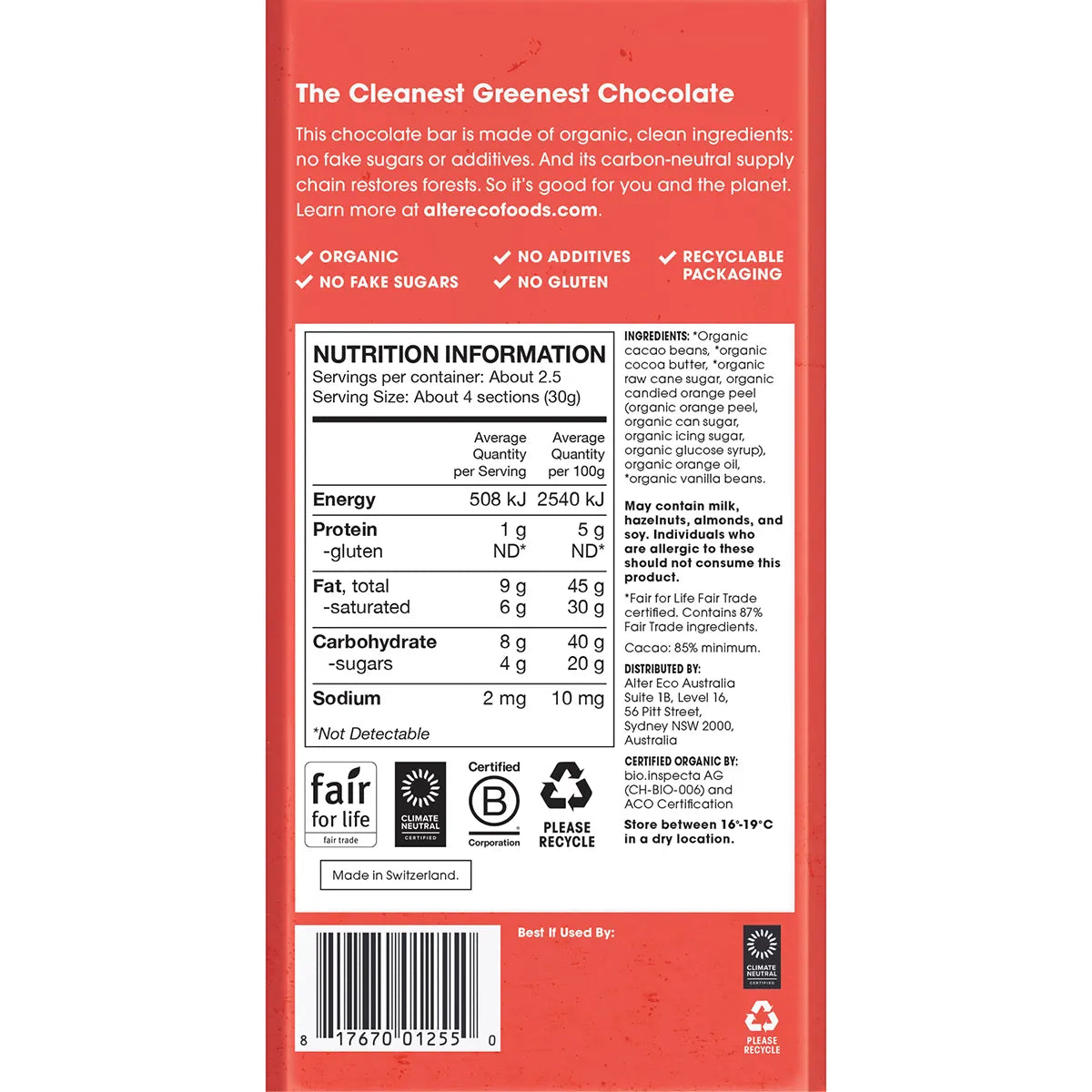 Alter Eco- Chocolate Organic Dark Orange Blackout-12x75g