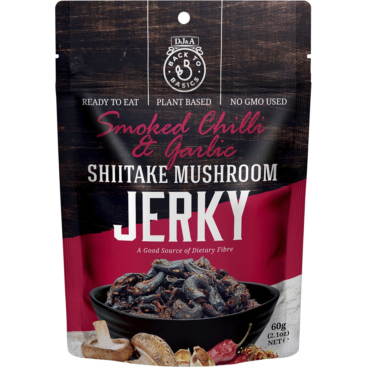 DJ&A- Shiitake Mushroom Jerky Smoked Chilli & Garlic-12x60g