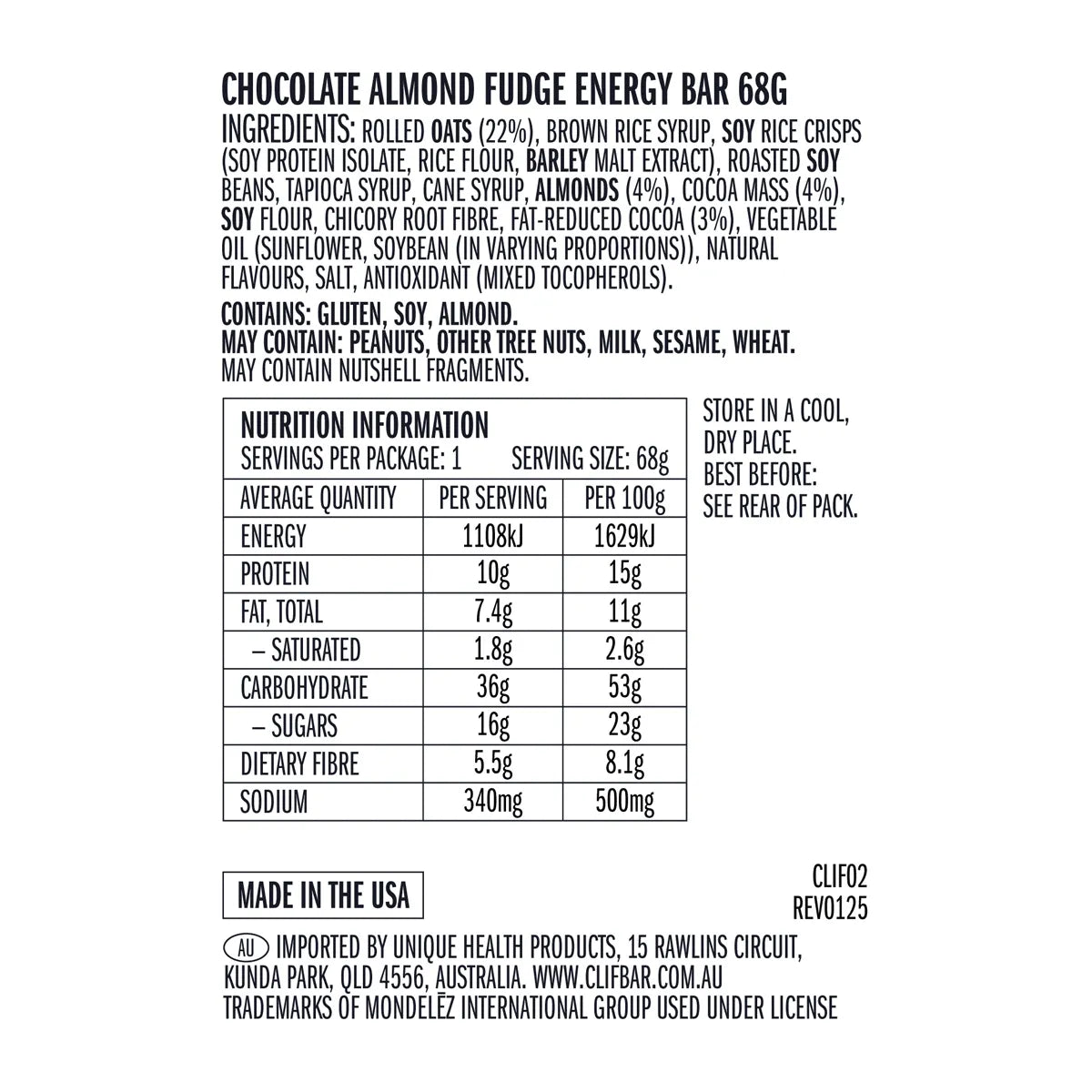 CLIF- Energy Bar Chocolate Almond Fudge-12x68g