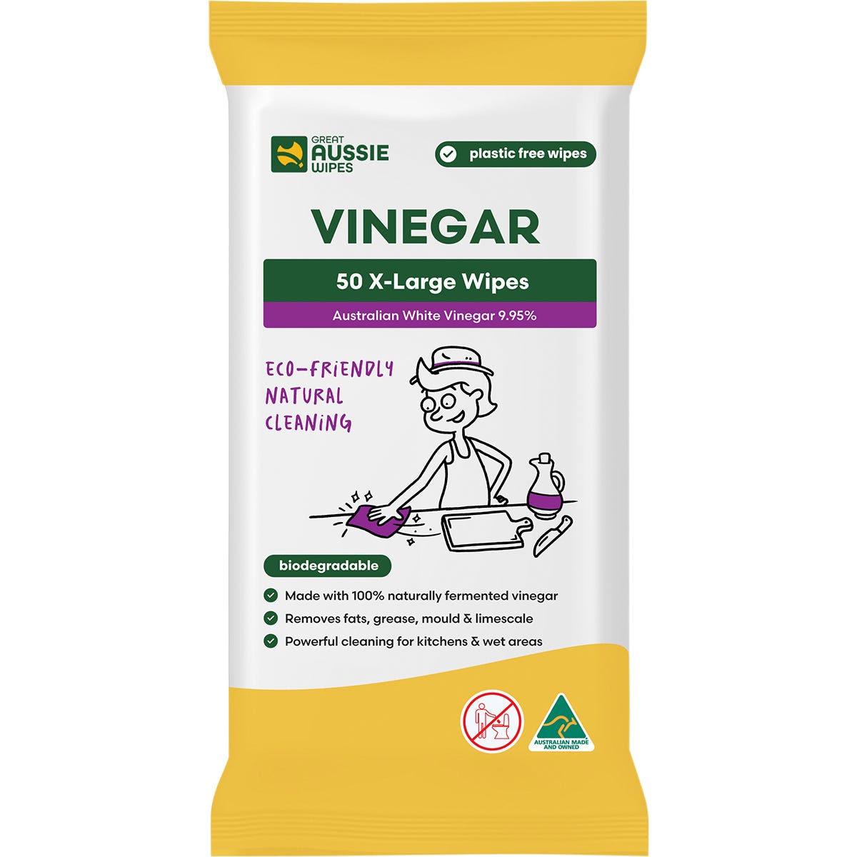Great Aussie Wipes- Vinegar X-Large Natural Cleaning Wipes-50pk