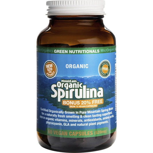 Green Nutritionals- Mountain Organic Spirulina Vegan Capsules 520mg-60 Caps