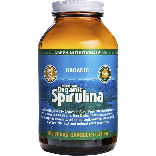 Green Nutritionals- Mountain Organic Spirulina Vegan Capsules 520mg-180 Caps