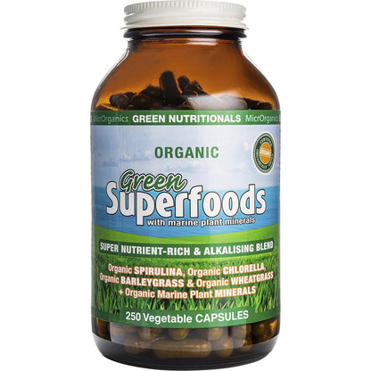 Green Nutritionals- Organic Green Superfoods Vegan Capsules 600mg-250 Caps