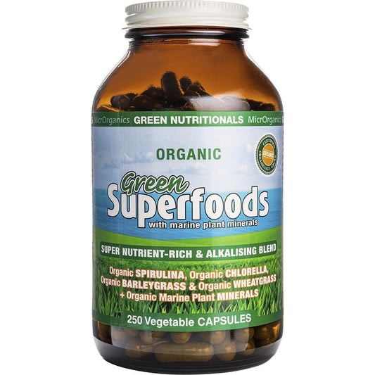 Green Nutritionals- Organic Green Superfoods Vegan Capsules 600mg-250 Caps