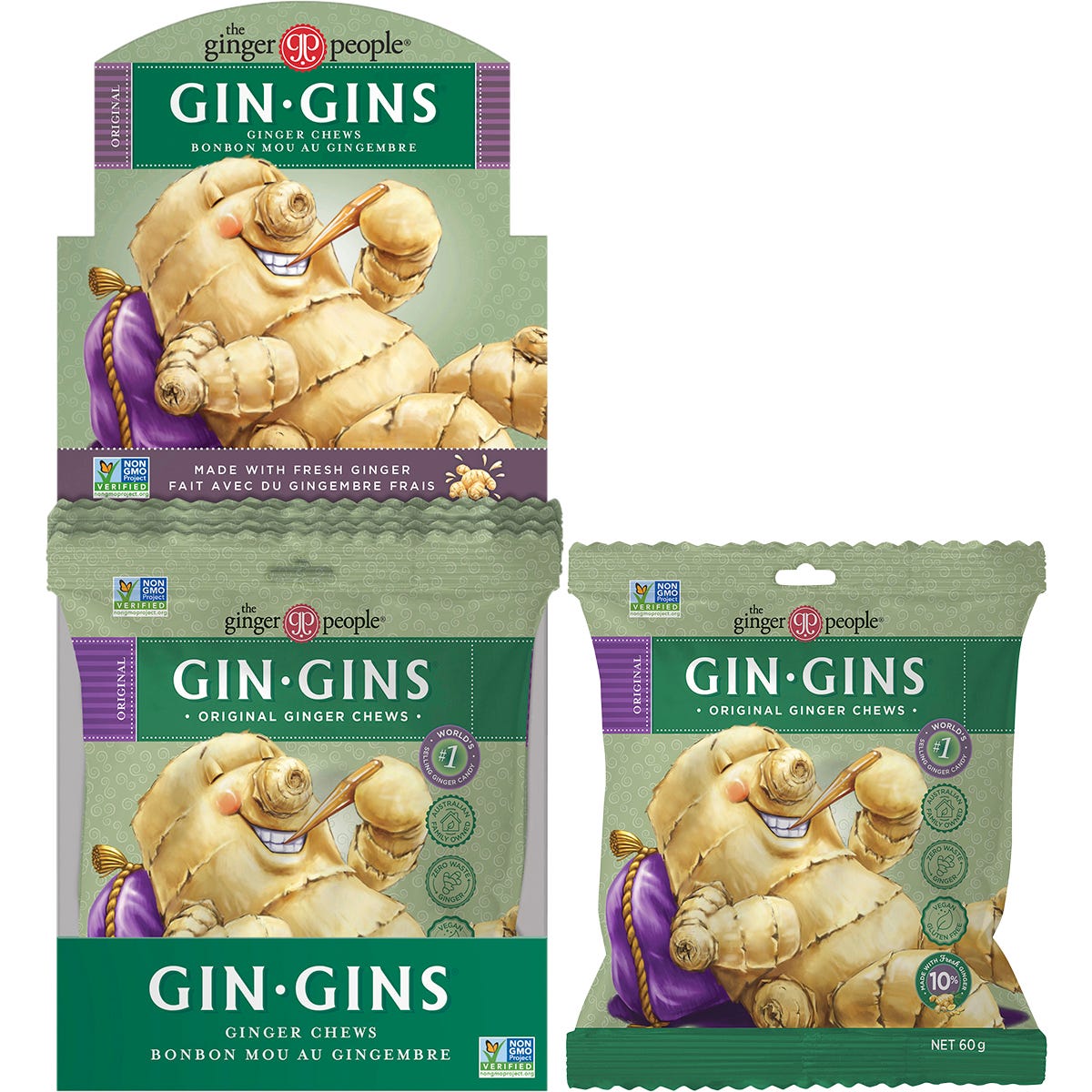 The Ginger People- Gin Gins Ginger Candy Bag Chewy Original-12x60g